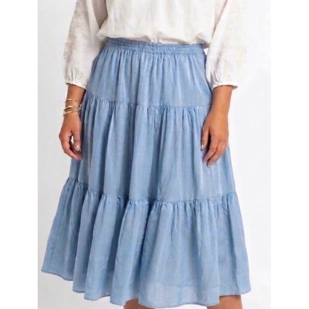Batsheva Tiered Midi Skirt Size 12 Blue Elastic Waist Made in USA MSRP $395